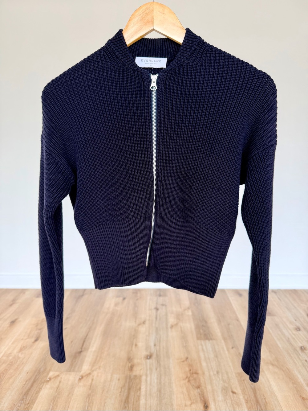 Everlane Rib Knit Zip Front Cardigan XS Navy Cotton Blend Bomber Sweater